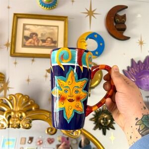 Vintage El Sol Celestial Sun Tall Coffee Mug Cup Hand Painted Whimsy 90s Y2K